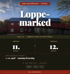En rød låve med grønt tak og hvite kanter reklamerer for loppemarked på Mølnargården, som finner sted 11.-12. april; datoer for utlevering av varer er også oppgitt.