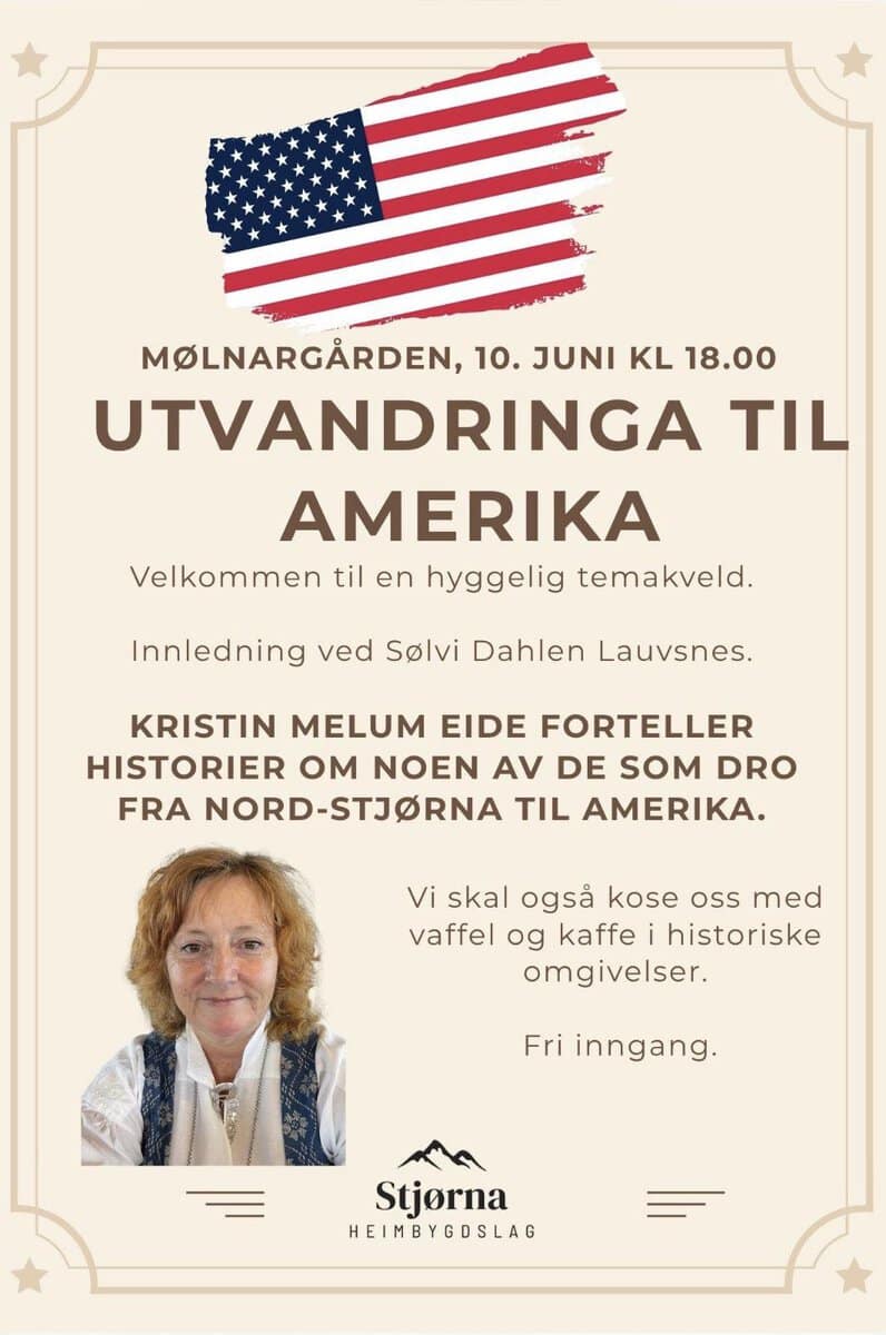 Plakat for et arrangement om utvandring til Amerika, med opplysninger om dato, klokkeslett, sted, foredragsholder og gratis inngang. Plakaten har dekorative rammer og en illustrasjon av det amerikanske flagget.